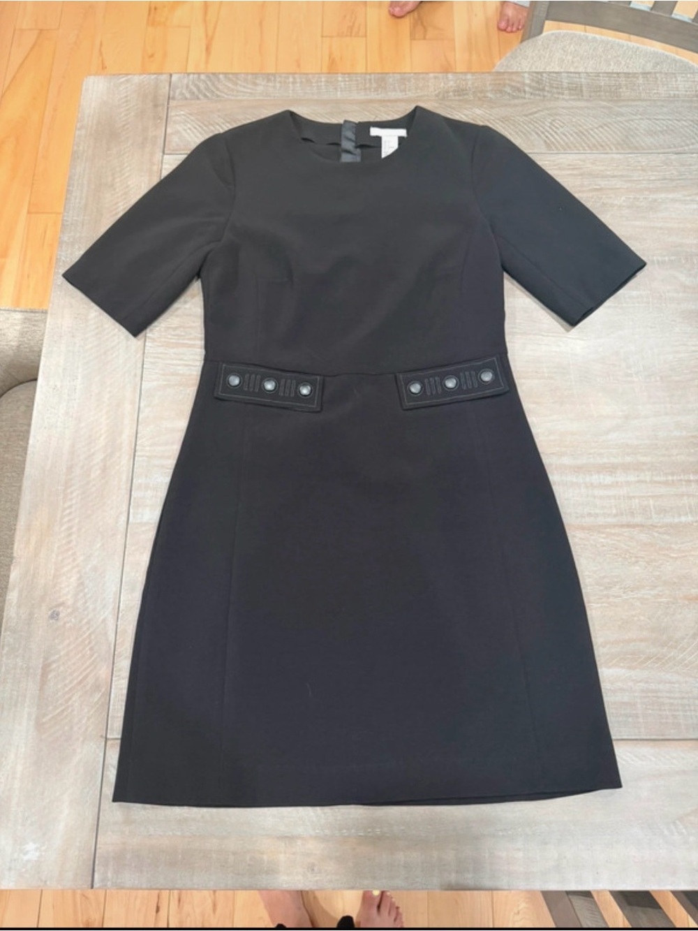 H&M Black Short-Sleeve Midi Sheath Dress with Button Waist Tabs